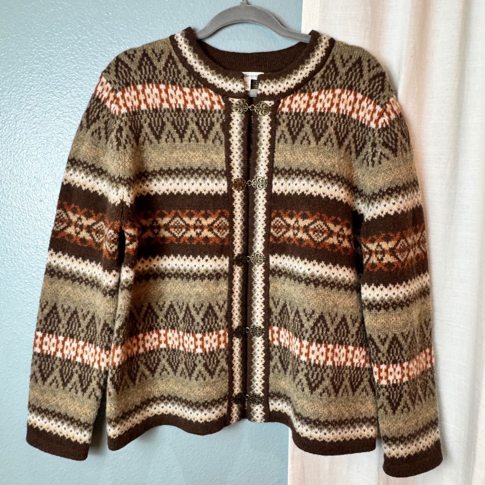 Susan Bristol Fair Isle Wool Cardigan Women L Brown Nordic Clasp Excellent